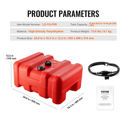 Portable Fuel Tank, 12 Gallon/55L, Plastic Outboard Marine Tank with Hose, Easy to Carry for Yacht, Fishing, Deck Boats, Red