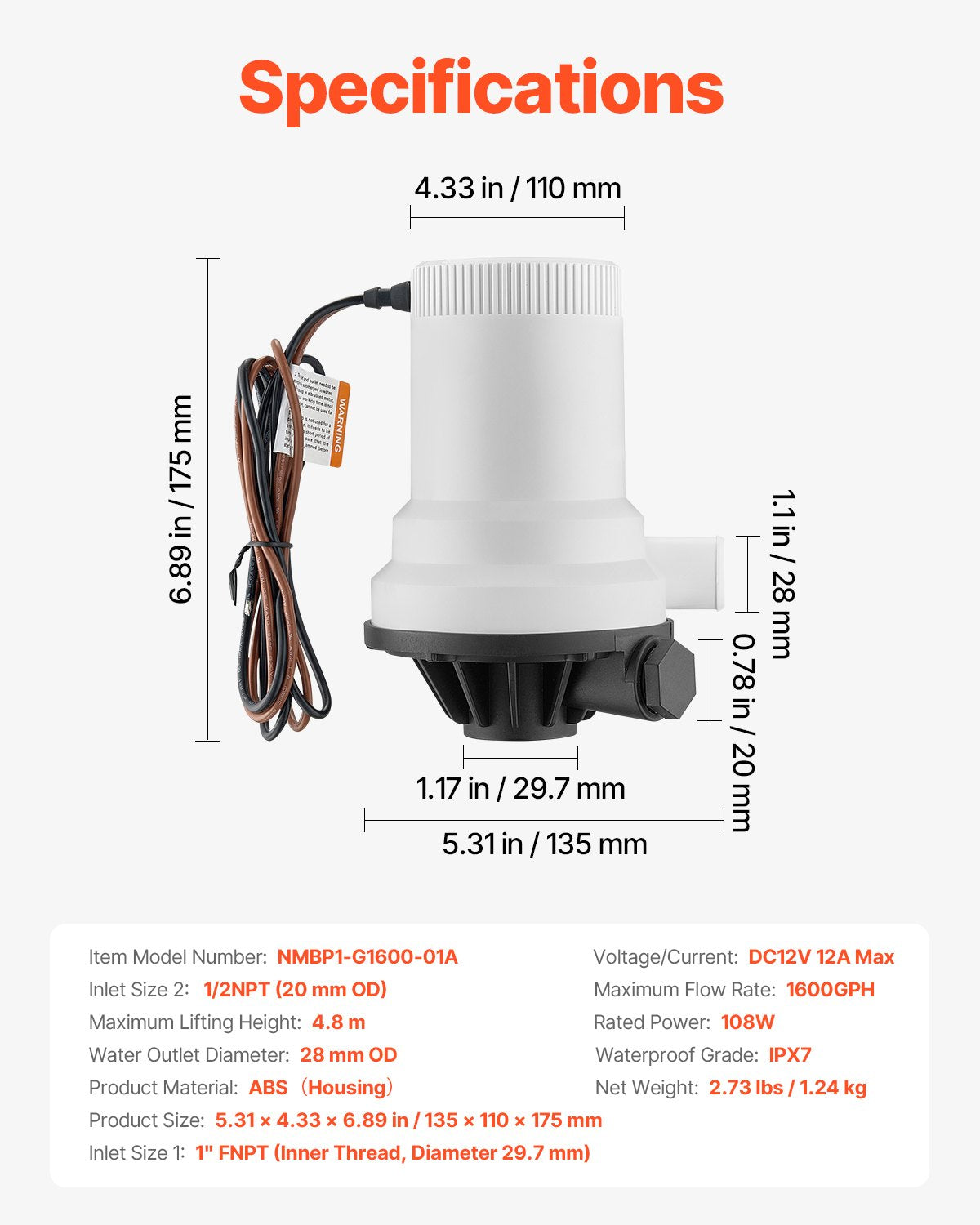 Livewell-pump för båt 12V 1600GPH Livewell-luftningspump Rak 2 inlopp