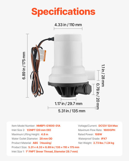 Livewell-pump för båt 12V 1600GPH Livewell-luftningspump Rak 2 inlopp