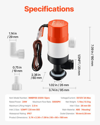 Livewell-Pumpe für Boot, 12 V, 500 GPH, Livewell-Belüftungspumpe, gerade, 2 Einlässe