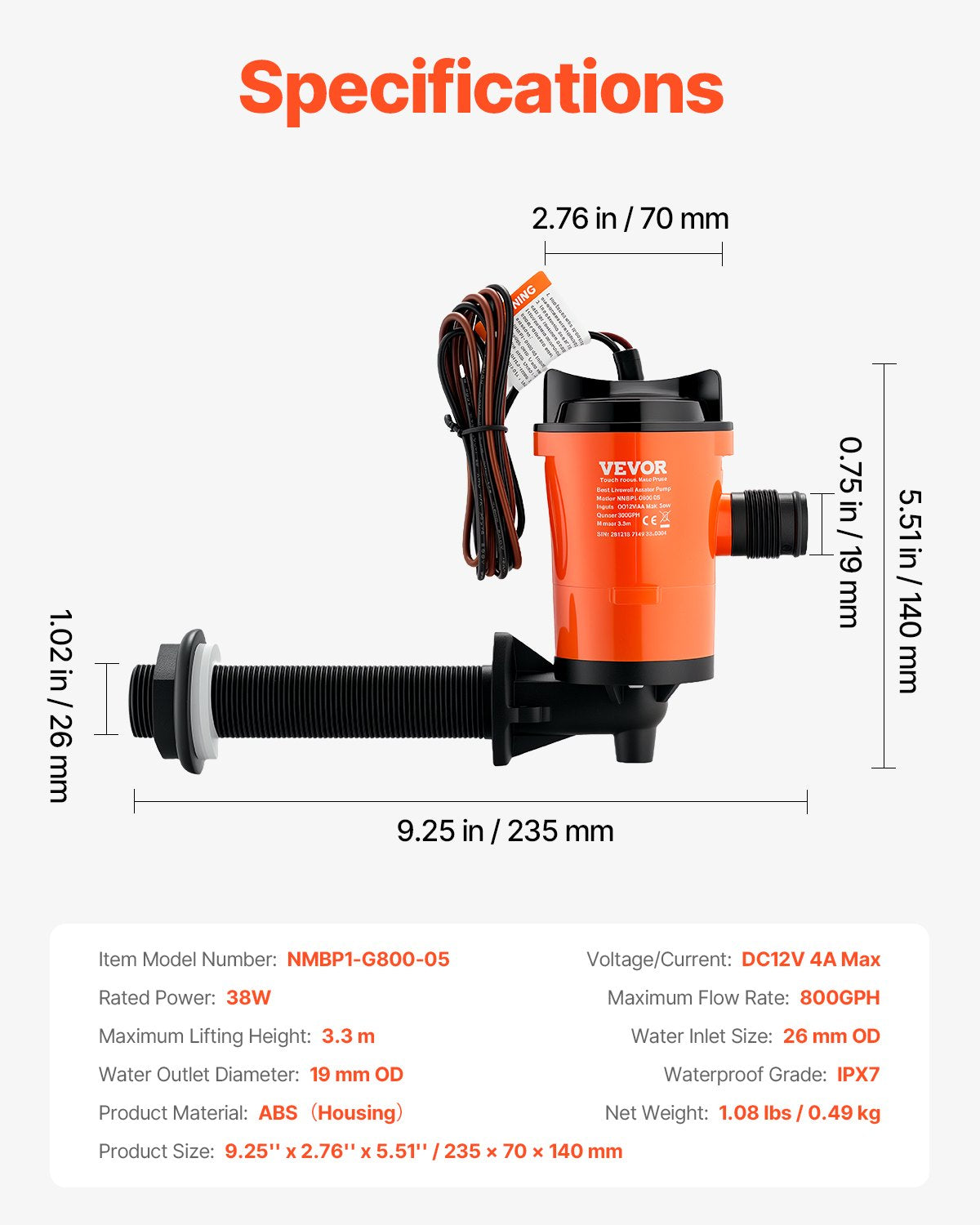 Livewell-Pumpe für Boot, 12 V, 800 GPH, 90 ° Livewell-Belüftungspumpe, Köderbrunnenpumpe