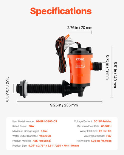 Livewell-Pumpe für Boot, 12 V, 800 GPH, 90 ° Livewell-Belüftungspumpe, Köderbrunnenpumpe
