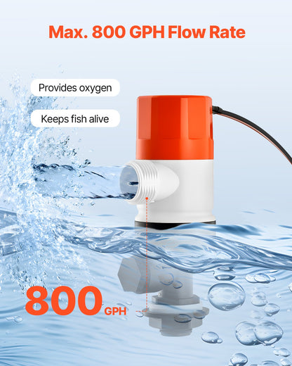 Livewell-Pumpe für Boot, 12 V, 800 GPH, Livewell-Belüftungspumpe, gerade, 2 Einlässe