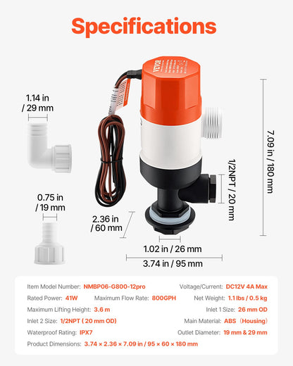 Livewell-Pumpe für Boot, 12 V, 800 GPH, Livewell-Belüftungspumpe, gerade, 2 Einlässe