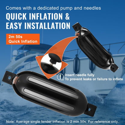 Boat Fenders Inflatable Ribbed Boat Bumpers for Docking 8.5" x 26" Black