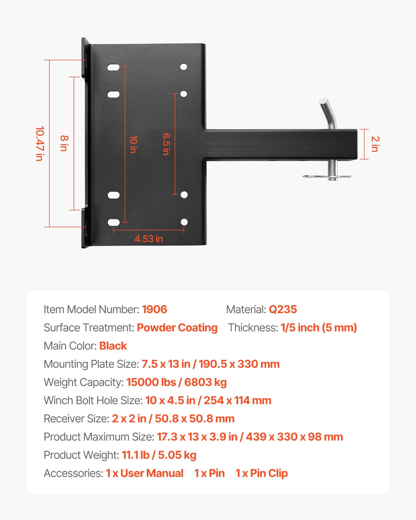 Winch Mount, 15000 lbs / 6803 kg Load Capacity, Trailer Hitch Winch Mount with 50.8 mm Receiver, 2 Mounting Hole Design, Powder Coated Steel, Suitable for ATV UTV Pickup Truck, Black