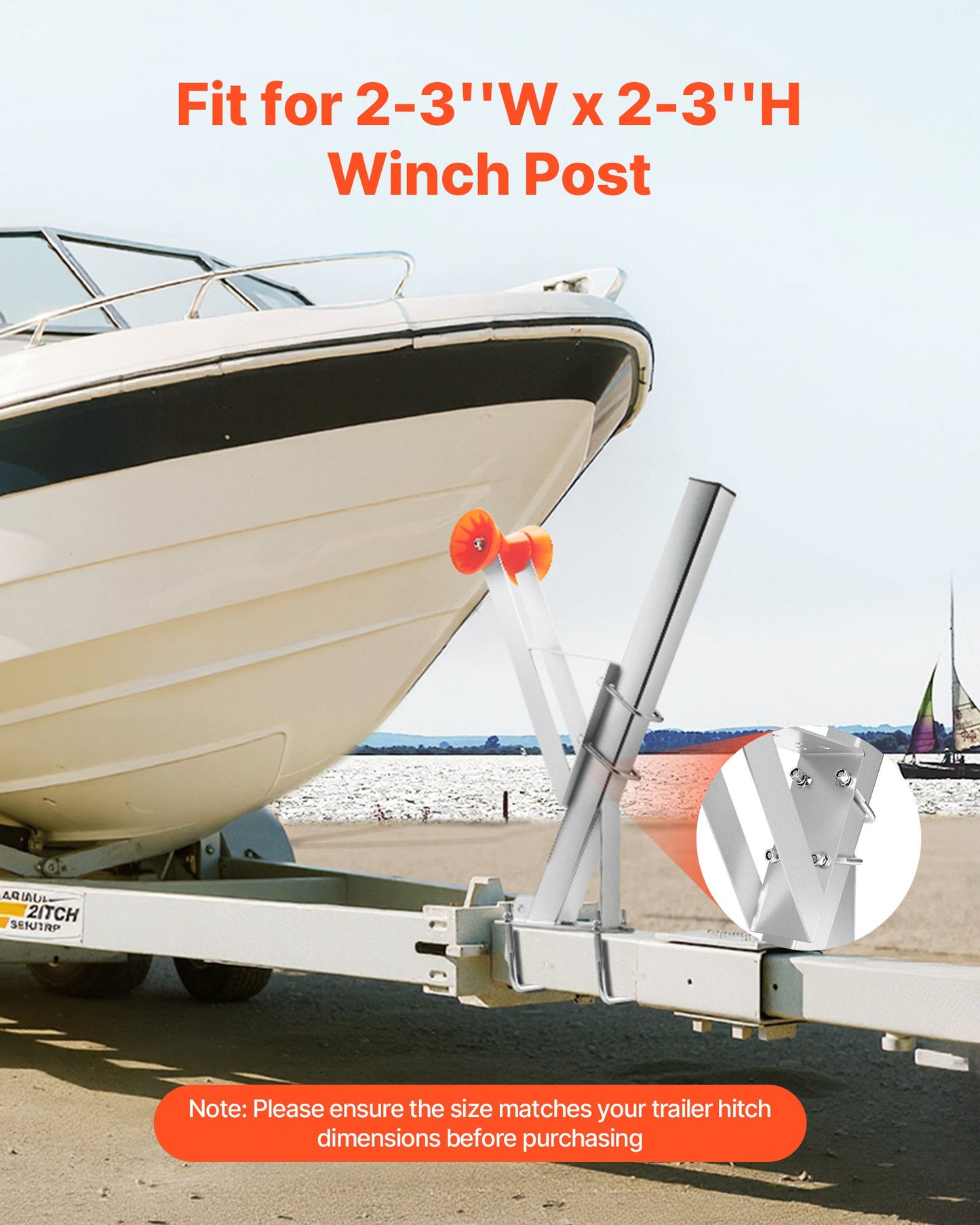 Boat Trailer Winch Stand, 2 to 3-inch Winch Posts, Boat Trailer Winch Seat with TPU Orange Roller & U-Bolts, Suitable for Jet Ski, Sailboat, Fishing Boat, Speedboat (Galvanized), Silver