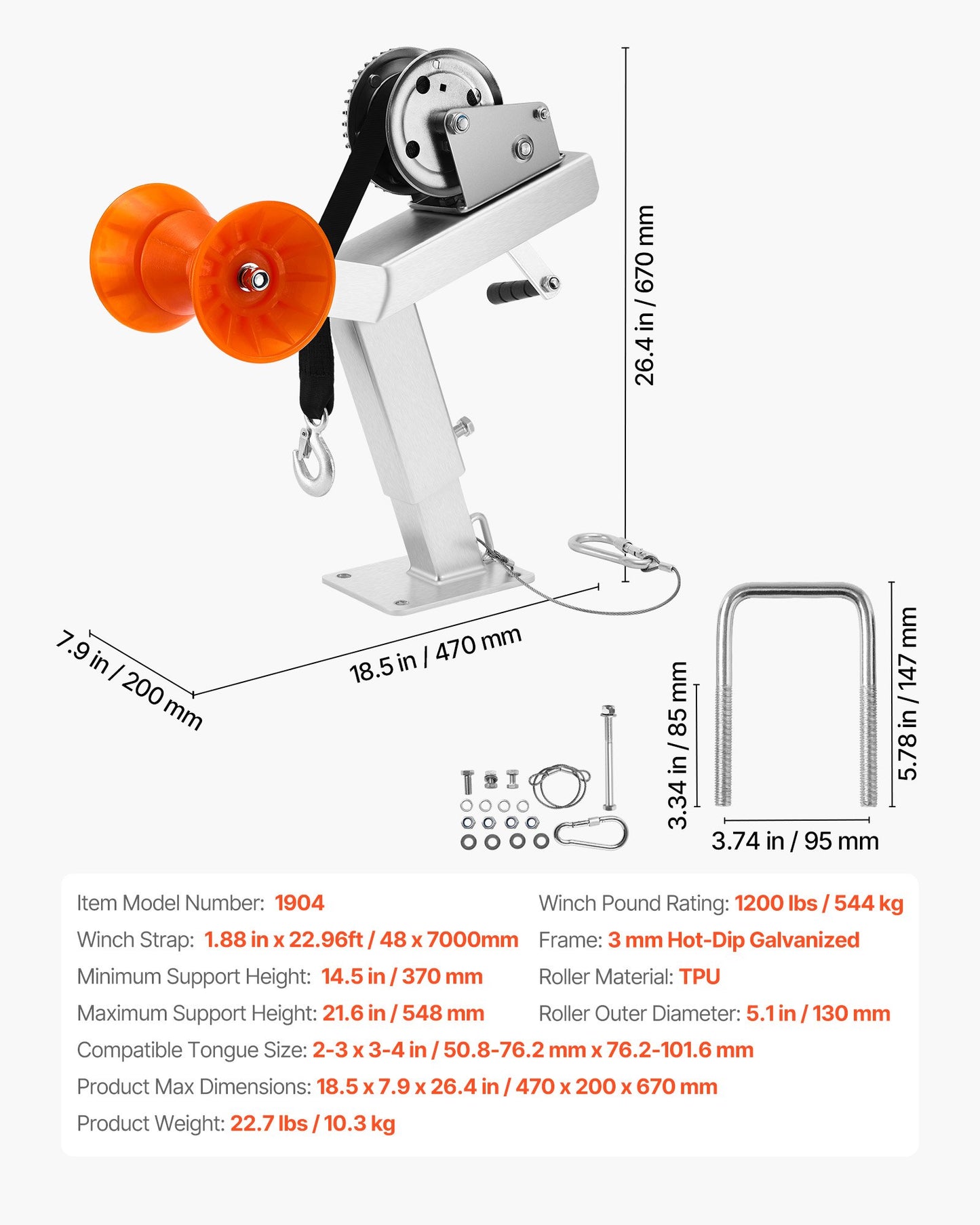 Boat Trailer Winch Stand with Roller, 1200 lbs Winch & 2 in x 25 ft Winch Strap, Boat Winch Mount with U-Bolt for 2-3 Inches W x 3-4 Inches H Trailer Tongue, Fit for Jet Ski, Sailboat, Speedboat