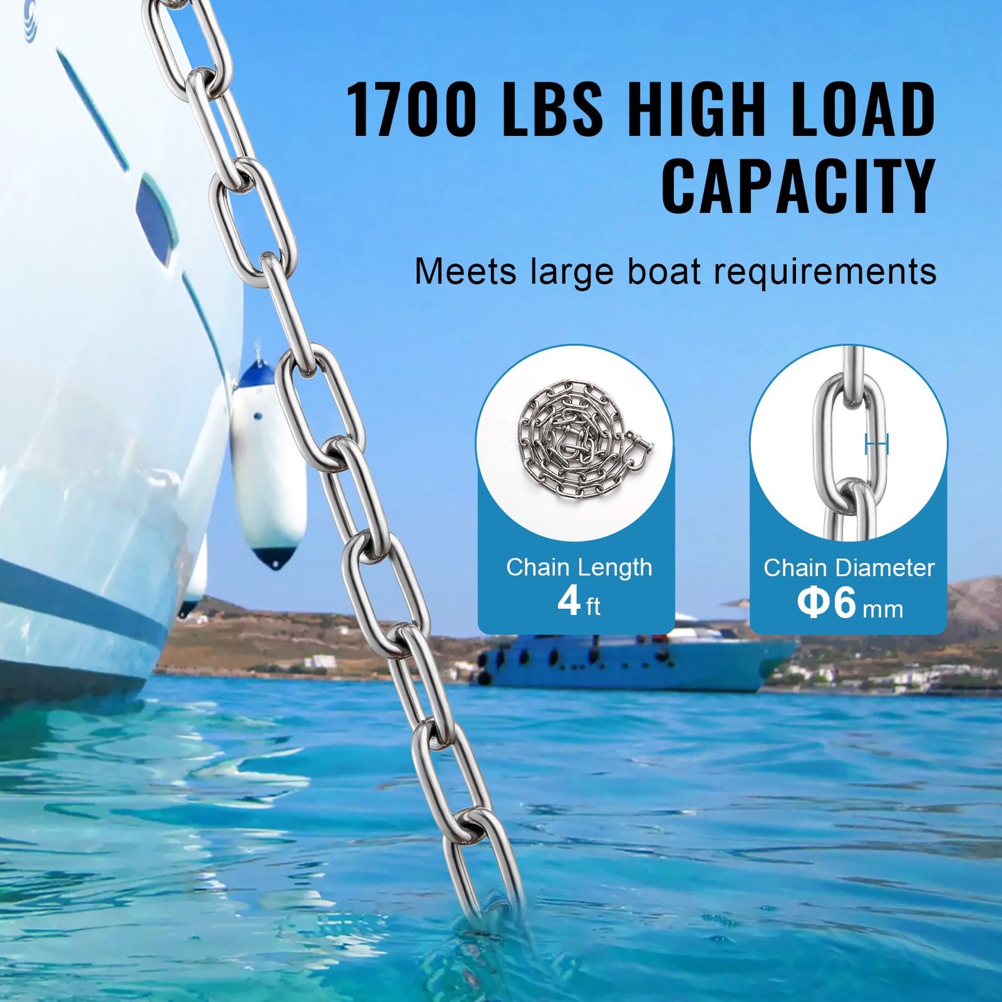 Edelstahl-Ankerkette für Boote, Bleikette 1/4" x 4" mit zwei Schäkeln