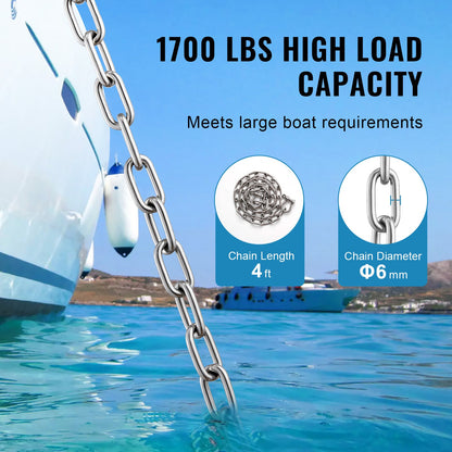 Edelstahl-Ankerkette für Boote, Bleikette 1/4" x 4" mit zwei Schäkeln