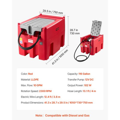 Tragbarer Dieselkraftstofftank, 116 Gallonen, Benzintank, 12 V, Transferpumpe, 10 GPM