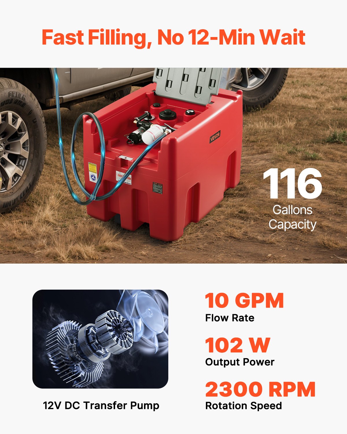 Portable Diesel & Gasoline Tank, 116 Gallon, 10 GPM Flow Rate, Diesel Fuel Tank with 12V Electric Transfer Pump, 13.1ft Hose, Auto Fueling Nozzle, Transfer Tank for Easy Fuel Transportation, Red