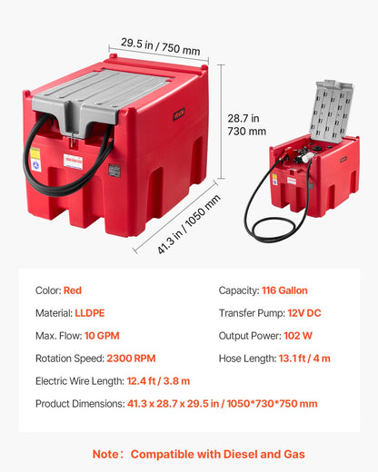 Portable Diesel & Gasoline Tank, 116 Gallon, 10 GPM Flow Rate, Diesel Fuel Tank with 12V Electric Transfer Pump, 13.1ft Hose, Auto Fueling Nozzle, Transfer Tank for Easy Fuel Transportation, Red