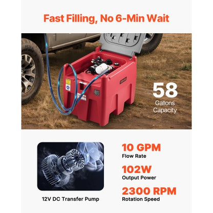 Portable Diesel Fuel Tank 58 Gallon Gasoline Tank 12V Transfer Pump 10GPM