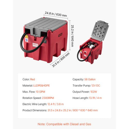 Portable Diesel Fuel Tank 58 Gallon Gasoline Tank 12V Transfer Pump 10GPM