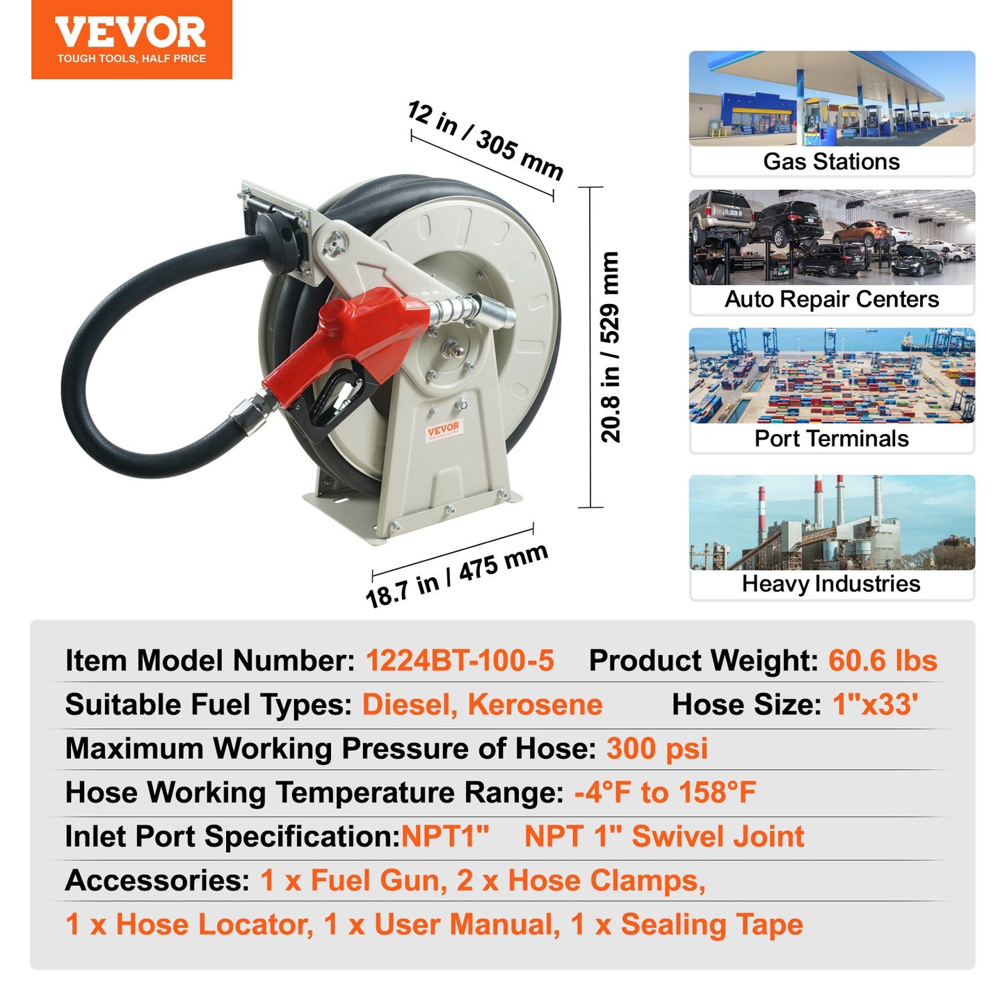 Fuel Hose Reel, 1" x 33", Extra Long Retractable Diesel Hose Reel, Heavy Duty Carbon Steel Construction with Automatic Fuel Nozzle, NBR Rubber Hose for Aircraft Vessel Tanker Truck, 300 PSI