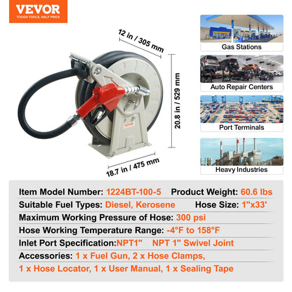 Fuel Hose Reel, 1" x 33", Extra Long Retractable Diesel Hose Reel, Heavy Duty Carbon Steel Construction with Automatic Fuel Nozzle, NBR Rubber Hose for Aircraft Vessel Tanker Truck, 300 PSI