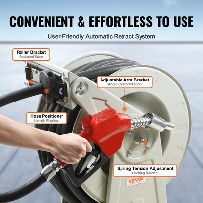 Fuel Hose Reel, 3/4" x 66', Extra Long Retractable Diesel Hose Reel, Heavy-Duty Carbon Steel Construction with Automatic Fuel Nozzle, NBR Rubber Hose for Aircraft Ship Vehicle Tank Truck, 300PSI
