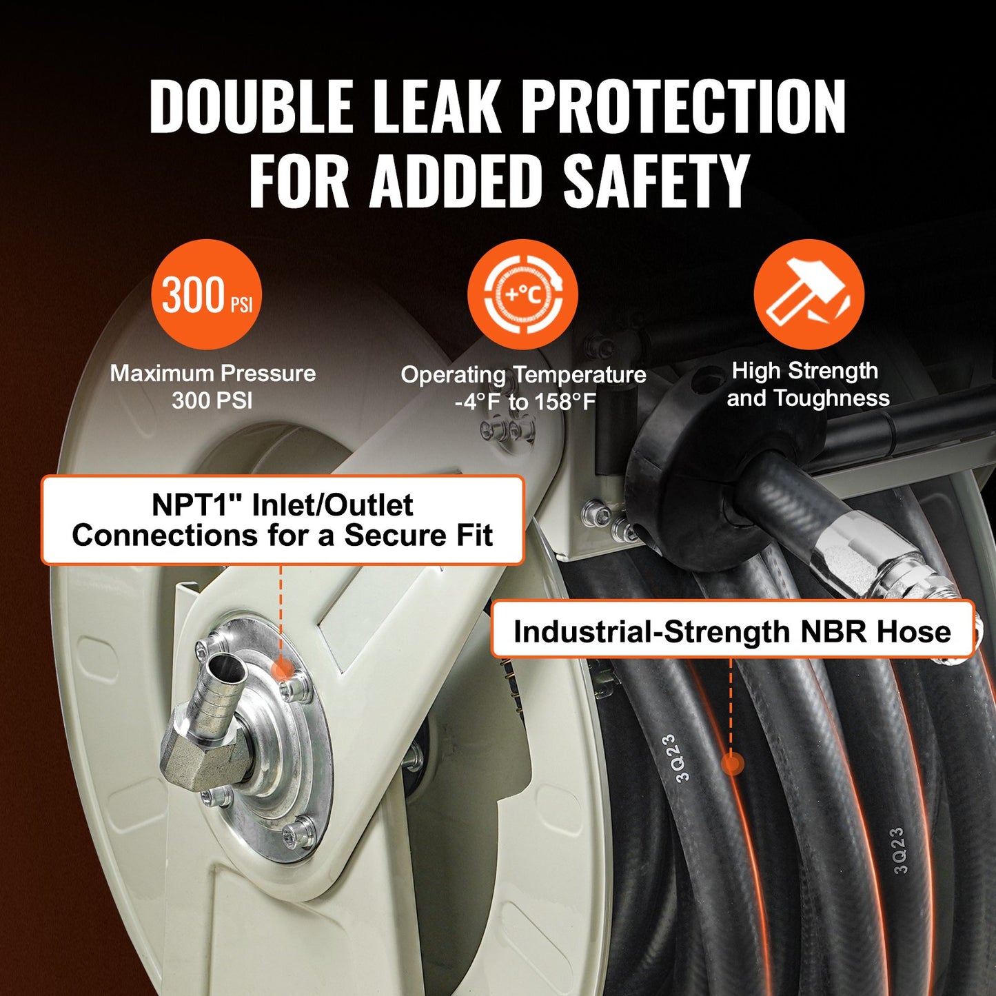 Fuel Hose Reel, 1" x 50", Extra Long Retractable Diesel Hose Reel, Heavy Duty Carbon Steel Construction with Automatic Fuel Nozzle, NBR Rubber Hose for Airship Tanker Truck, 300 PSI