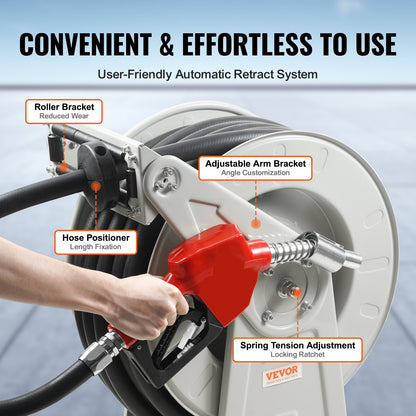 Fuel Hose Reel, 1" x 50", Extra Long Retractable Diesel Hose Reel, Heavy Duty Carbon Steel Construction with Automatic Fuel Nozzle, NBR Rubber Hose for Airship Tanker Truck, 300 PSI