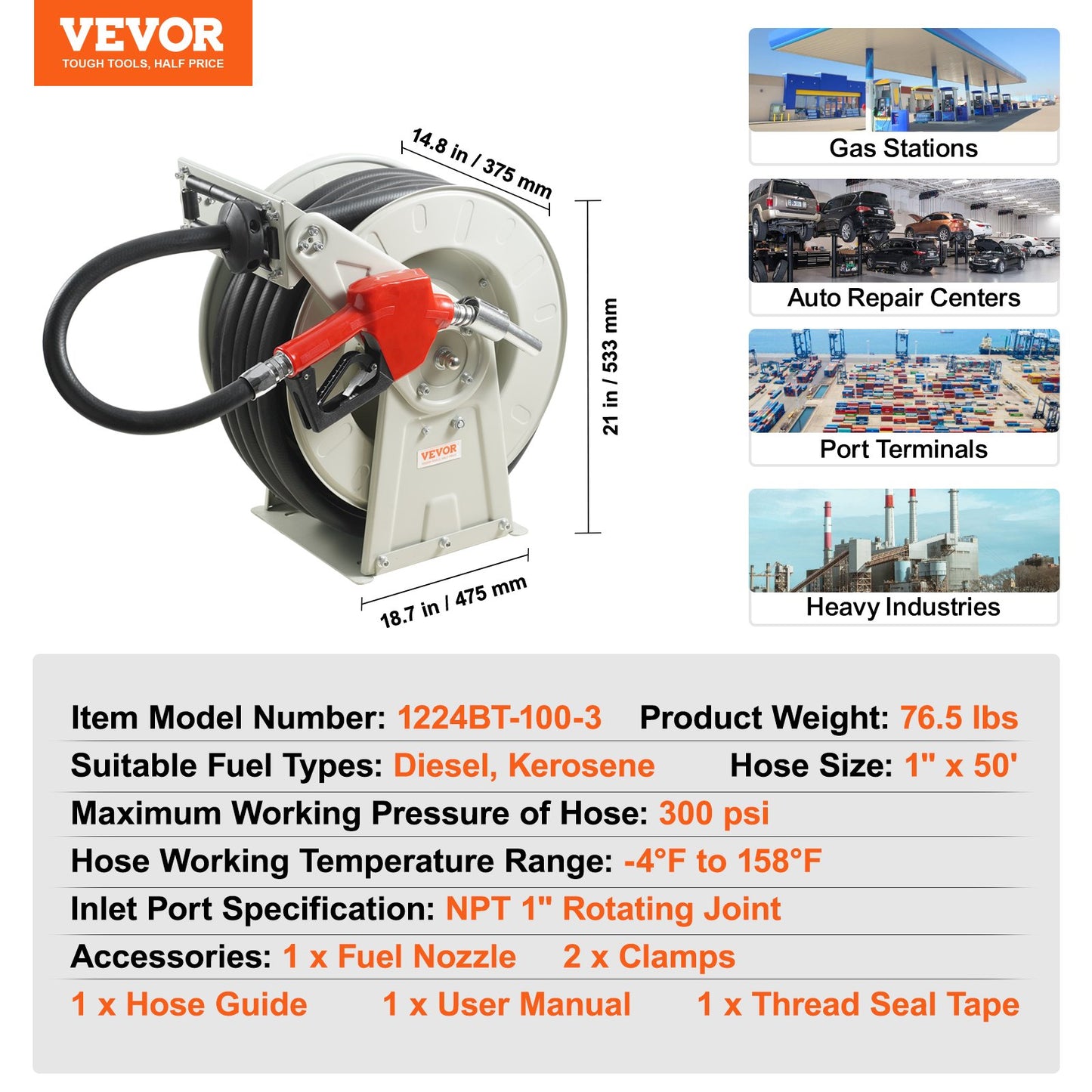 Fuel Hose Reel, 1" x 50", Extra Long Retractable Diesel Hose Reel, Heavy Duty Carbon Steel Construction with Automatic Fuel Nozzle, NBR Rubber Hose for Airship Tanker Truck, 300 PSI