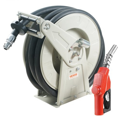 Fuel Hose Reel, 3/4" x 50', Extra Long Retractable Diesel Hose Reel, Heavy-Duty Carbon Steel Construction with Automatic Fuel Nozzle, NBR Rubber Hose for Aircraft Ship Vehicle Tank Truck, 300PSI