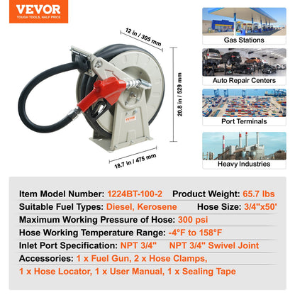 Fuel Hose Reel, 3/4" x 50', Extra Long Retractable Diesel Hose Reel, Heavy-Duty Carbon Steel Construction with Automatic Fuel Nozzle, NBR Rubber Hose for Aircraft Ship Vehicle Tank Truck, 300PSI