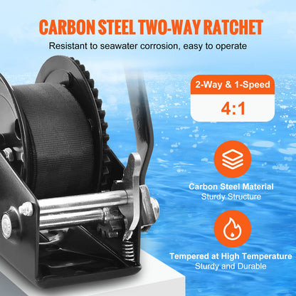 Handwinde, 1200 lbs Zugkraft, Bootsschleppwinde, Hochleistungs-Seilkurbel mit 23 Fuß Polyestergurt und Zweiwegeverriegelung, manuell betriebene Handkurbelwinde zum Schleppen von Anhängern, Booten oder Geländefahrzeugen