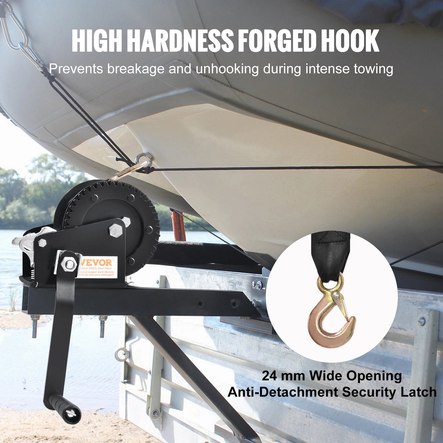 Handwinde, 1200 lbs Zugkraft, Bootsschleppwinde, Hochleistungs-Seilkurbel mit 23 Fuß Polyestergurt und Zweiwegeverriegelung, manuell betriebene Handkurbelwinde zum Schleppen von Anhängern, Booten oder Geländefahrzeugen