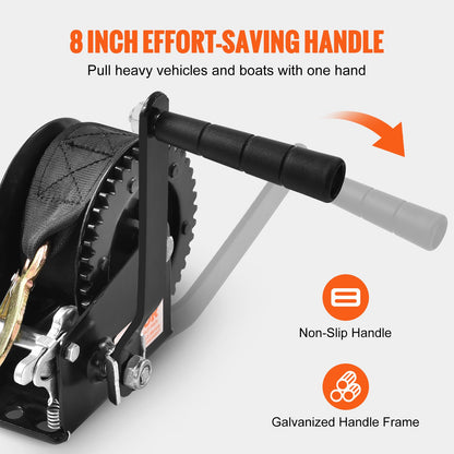 Handwinde, 1200 lbs Zugkraft, Bootsschleppwinde, Hochleistungs-Seilkurbel mit 23 Fuß Polyestergurt und Zweiwegeverriegelung, manuell betriebene Handkurbelwinde zum Schleppen von Anhängern, Booten oder Geländefahrzeugen