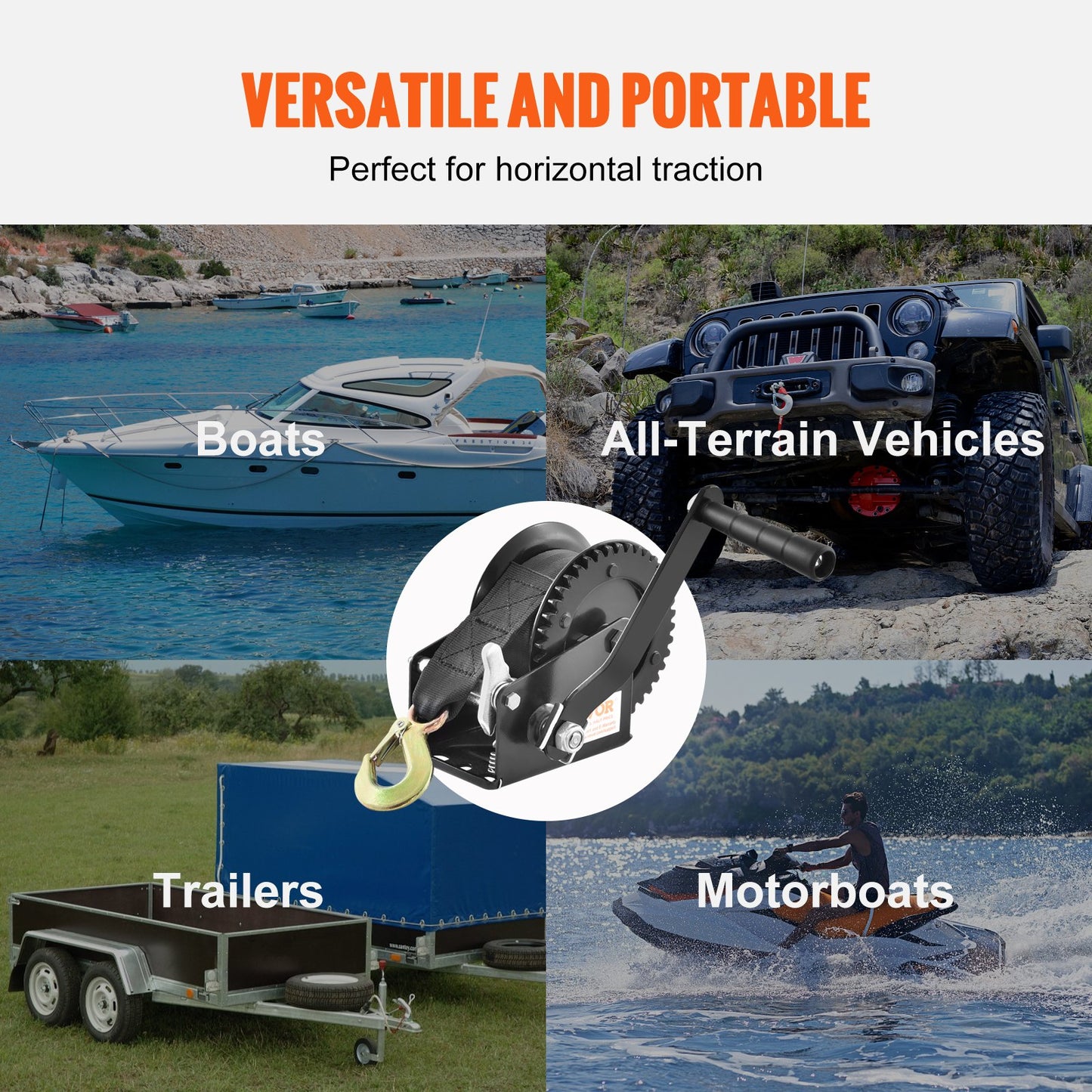 Handwinde, 1200 lbs Zugkraft, Bootsschleppwinde, Hochleistungs-Seilkurbel mit 23 Fuß Polyestergurt und Zweiwegeverriegelung, manuell betriebene Handkurbelwinde zum Schleppen von Anhängern, Booten oder Geländefahrzeugen