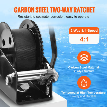 Handwinde, 727 kg Zugkraft, Bootsschleppwinde, Hochleistungs-Seilkurbel mit 10 m Polyestergurt und Zweiwegeverriegelung, manuell betriebene Handkurbelwinde zum Schleppen von Anhängern, Booten oder Geländefahrzeugen