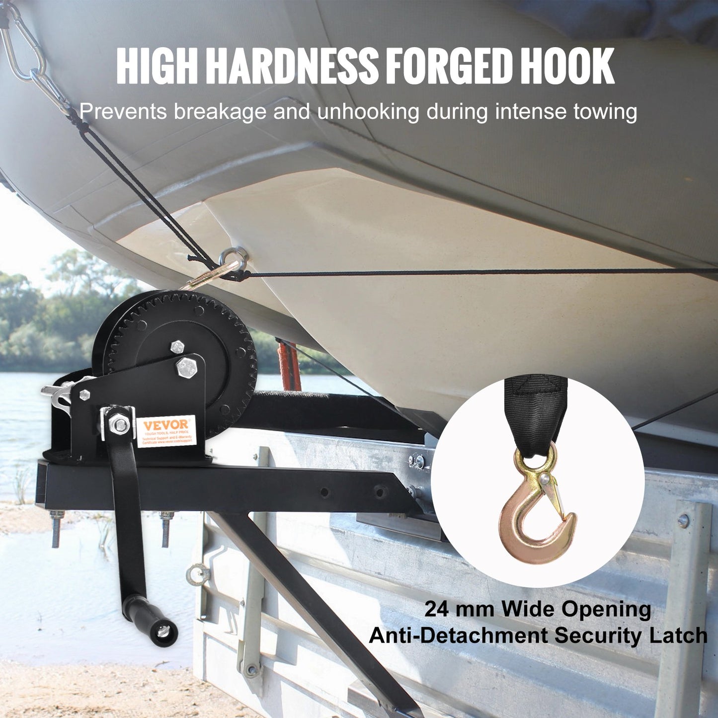 Handwinde, 727 kg Zugkraft, Bootsschleppwinde, Hochleistungs-Seilkurbel mit 10 m Polyestergurt und Zweiwegeverriegelung, manuell betriebene Handkurbelwinde zum Schleppen von Anhängern, Booten oder Geländefahrzeugen