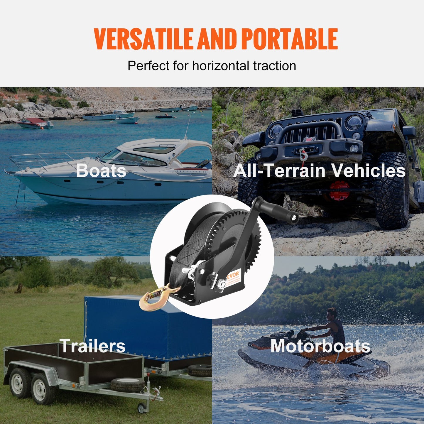 Handwinde, 727 kg Zugkraft, Bootsschleppwinde, Hochleistungs-Seilkurbel mit 10 m Polyestergurt und Zweiwegeverriegelung, manuell betriebene Handkurbelwinde zum Schleppen von Anhängern, Booten oder Geländefahrzeugen