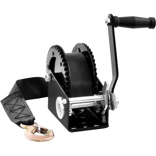 Hand Winch, 2000 lbs Pulling Capacity, Boat Trailer Winch Heavy Duty Rope Crank with 23 ft Polyester Strap and Two-Way Ratchet, Manual Operated Hand Crank Winch for Trailer, Boat or ATV Towing