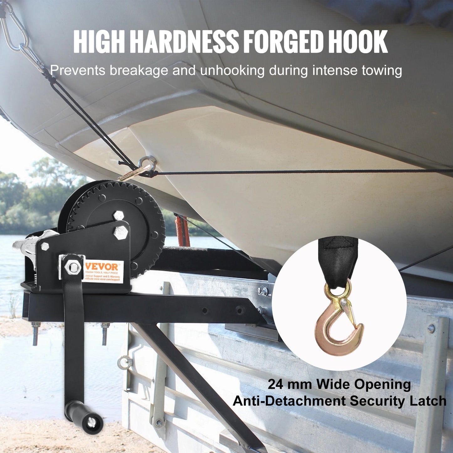 Handwinde, 2000 lbs Zugkraft, Bootsschleppwinde, Hochleistungs-Seilkurbel mit 23 Fuß Polyestergurt und Zweiwegeverriegelung, manuell betriebene Handkurbelwinde zum Schleppen von Anhängern, Booten oder Geländefahrzeugen