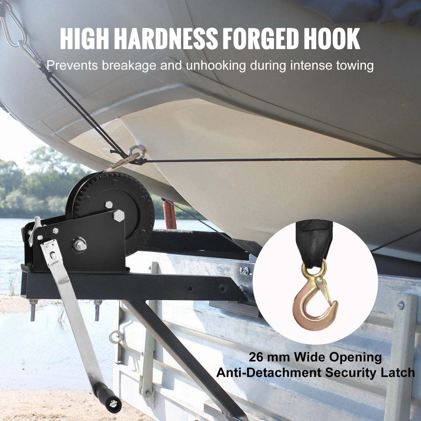 Hand Winch, 3500 lbs Pulling Capacity, Boat Towing Winch Heavy Duty Rope Crank with 33 ft Polyester Strap and Two-Way Latching, Manually Operated Hand Crank Winch for Towing Trailer, Boat or ATV