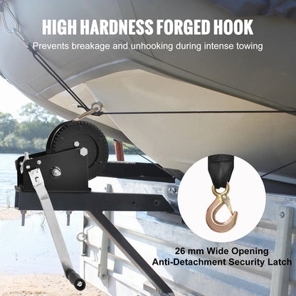 Hand Winch, 3500 lbs Pulling Capacity, Boat Towing Winch Heavy Duty Rope Crank with 33 ft Polyester Strap and Two-Way Latching, Manually Operated Hand Crank Winch for Towing Trailer, Boat or ATV