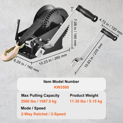 Hand Winch, 3500 lbs Pulling Capacity, Boat Towing Winch Heavy Duty Rope Crank with 33 ft Polyester Strap and Two-Way Latching, Manually Operated Hand Crank Winch for Towing Trailer, Boat or ATV