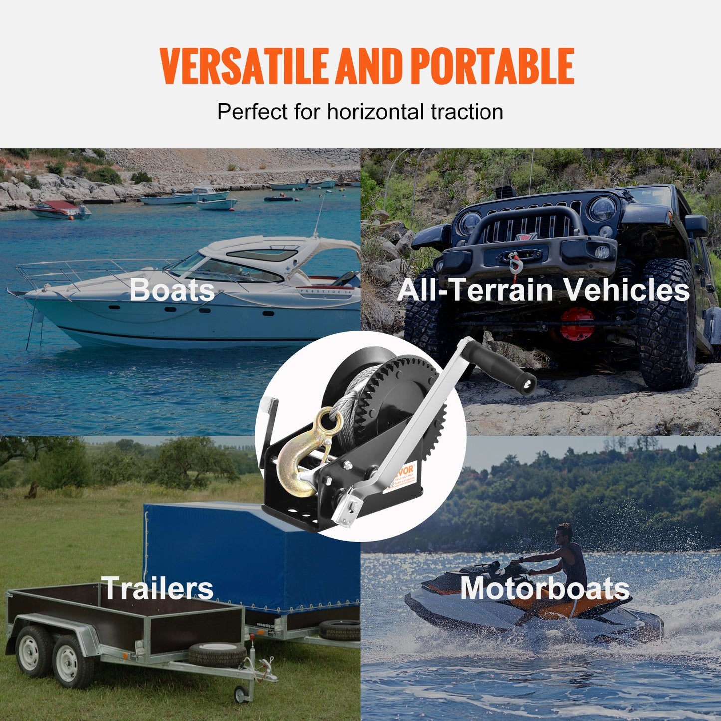 Handvinsch, 3500 lbs dragkapacitet, Båtsläpvinsch Kraftig repvev med 33 fot stålvajer och tvåvägsspärr, manuellt manövrerad handvevvinsch för bogsering av släp, båt eller ATV