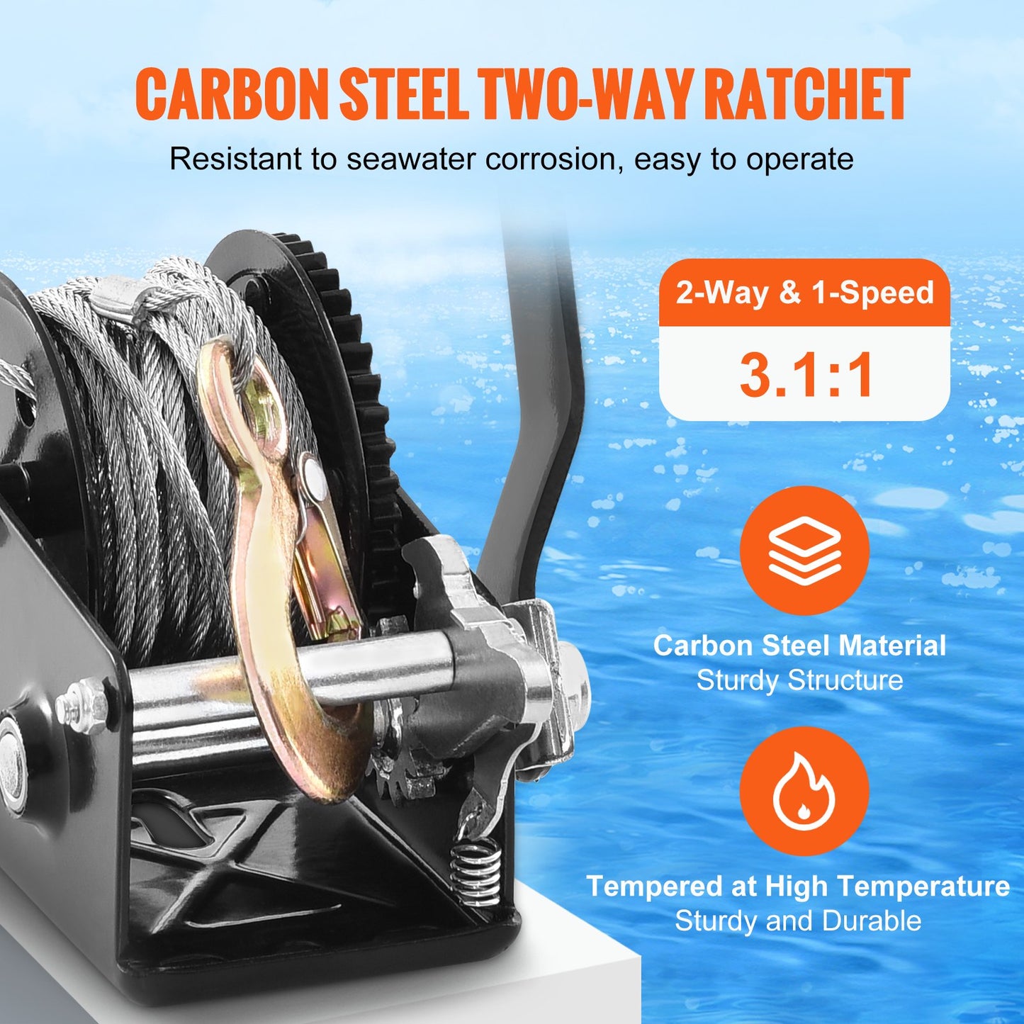 Handwinde, 800 lbs Zugkraft, Bootsschleppwinde, Hochleistungs-Seilkurbel mit 33 Fuß Stahlkabel und Zweiwegeverriegelung, manuell betriebene Handkurbelwinde zum Schleppen von Anhängern, Booten oder Geländefahrzeugen