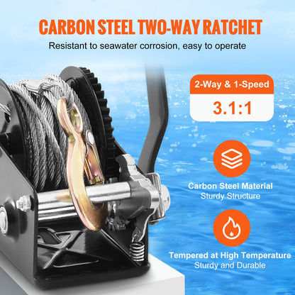 Handwinde, 800 lbs Zugkraft, Bootsschleppwinde, Hochleistungs-Seilkurbel mit 33 Fuß Stahlkabel und Zweiwegeverriegelung, manuell betriebene Handkurbelwinde zum Schleppen von Anhängern, Booten oder Geländefahrzeugen