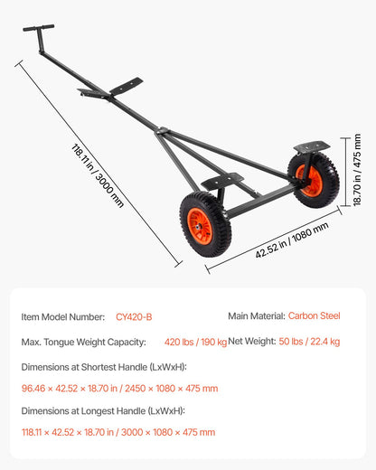 420lbs Bootsanhänger Dolly Mover Einstellbare Länge mit 15,7 Zoll Luftreifen