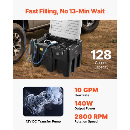 Portable Diesel Tank 128 Gallon Diesel Fuel Tank with 12V Transfer Pump 10GPM Black