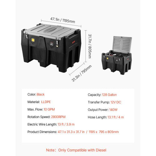 Portable Diesel Tank 128 Gallon Diesel Fuel Tank with 12V Transfer Pump 10GPM Black