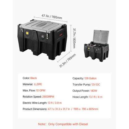 Portable Diesel Tank 128 Gallon Diesel Fuel Tank with 12V Transfer Pump 10GPM Black