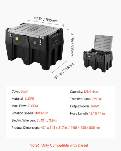 Portable Diesel Tank, 128 Gallon Capacity & 10 GPM Flow Rate, Gas Fuel Tank with 12V Electric Transfer Pump and 13.1ft Rubber Hose, PE Diesel Transfer Tanks for Easy Fuel Transportation, Black