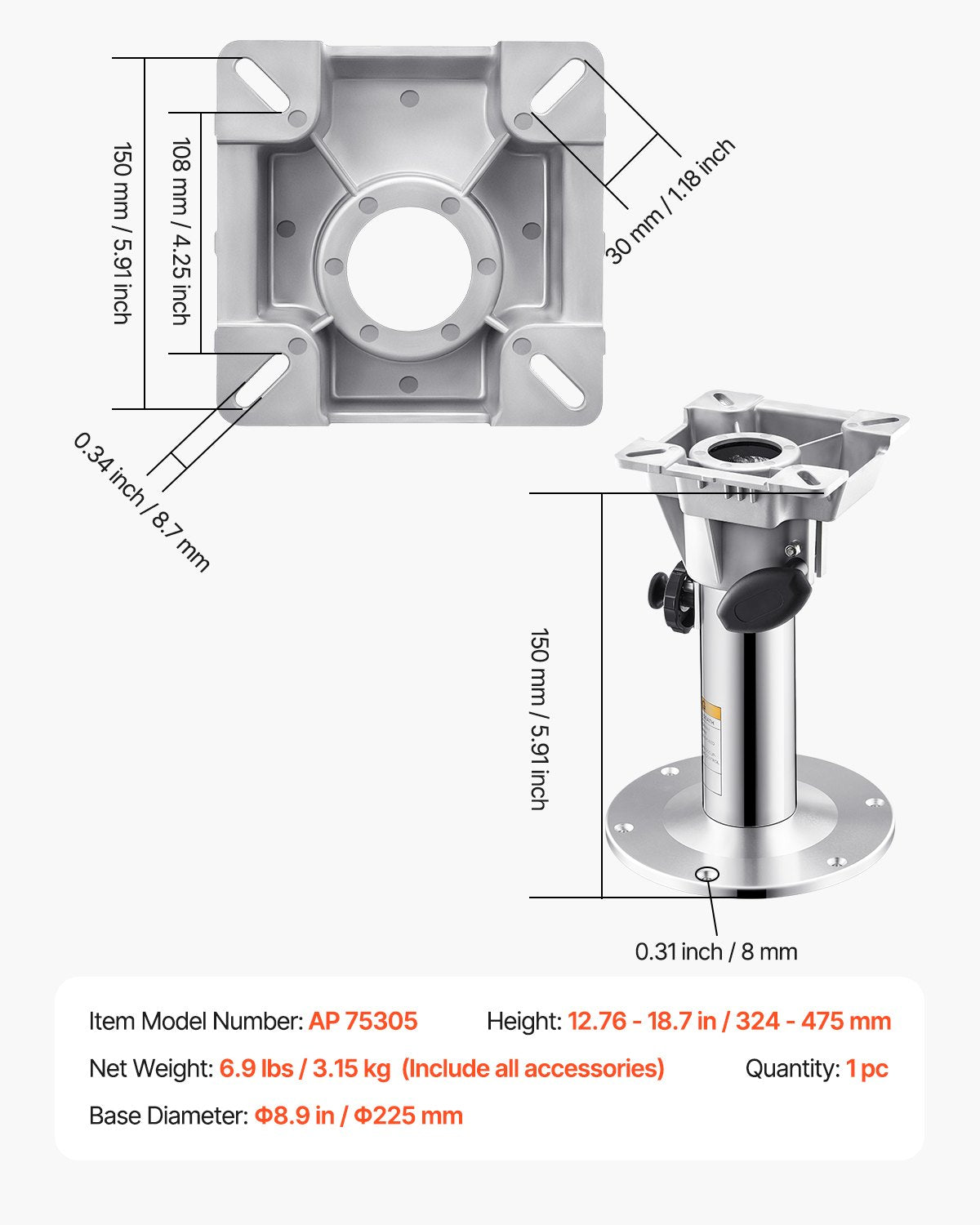 Boat Seat Pedestal, Adjustable Height from 12.76 to 18.7 Inches, Aluminum Alloy Boat Chair Base with Locking Design, Waterproof & Rust-resistant, Ideal for Fishing and Boating Enthusiasts