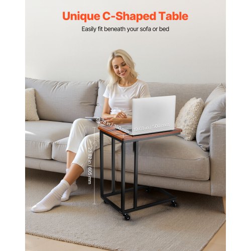 C-bord, C-format soffbord med metallram och hjul, bärbart C-format ändstativ för vardagsrum, sovrum, kontor, 19,69 x 13,78 x 23,82 tum laptop-sidobord, brunt och svart |  EU