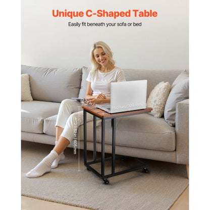 C-bord, C-format soffbord med metallram och hjul, bärbart C-format ändstativ för vardagsrum, sovrum, kontor, 19,69 x 13,78 x 23,82 tum laptop-sidobord, brunt och svart |  EU